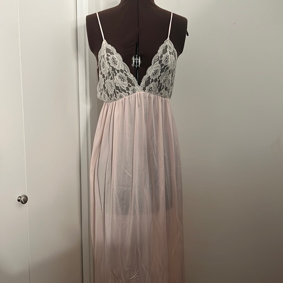 vintage Other - vintage Lingerie Dress with Lace Bustier and Spaghetti Strap pink nighty sheer